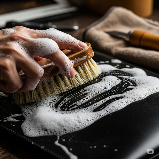 Sac à main en cuir de selle recyclé de couleur noir posé sur un chiffon en coton.