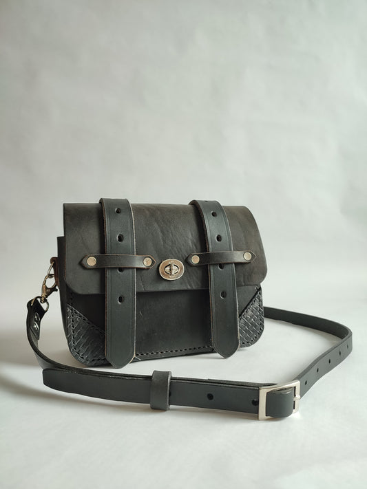 Besace noire style Western - Cuir de selle recyclé - Maroquinerie Cavalière